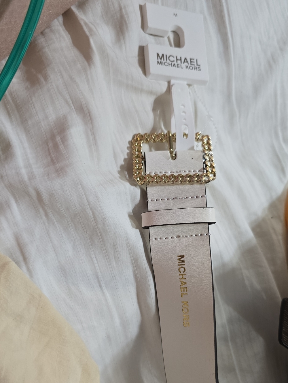Michael Kors White Leather Belt with Gold Chain Buckle Accent